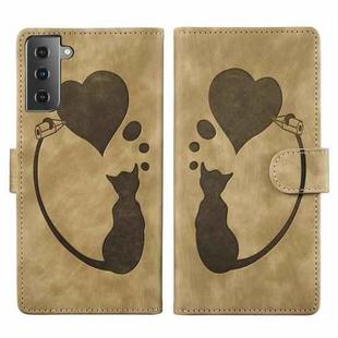 For Samsung Galaxy S22+ 5G Pen Heart Cat Embossed Leather Phone Case(Apricot)