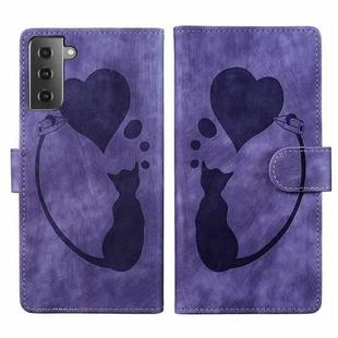 For Samsung Galaxy S22 5G Pen Heart Cat Embossed Leather Phone Case(Purple)