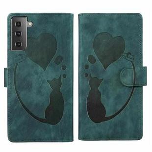 For Samsung Galaxy S22 5G Pen Heart Cat Embossed Leather Phone Case(Green)