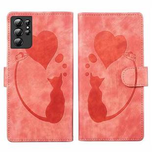 For Samsung Galaxy S21 Ultra 5G Pen Heart Cat Embossed Leather Phone Case(Orange)