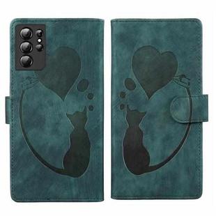 For Samsung Galaxy S21 Ultra 5G Pen Heart Cat Embossed Leather Phone Case(Green)