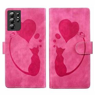 For Samsung Galaxy S21 Ultra 5G Pen Heart Cat Embossed Leather Phone Case(Pink)