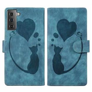 For Samsung Galaxy S21+ 5G Pen Heart Cat Embossed Leather Phone Case(Blue)
