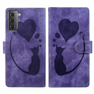 For Samsung Galaxy S21 5G Pen Heart Cat Embossed Leather Phone Case(Purple)