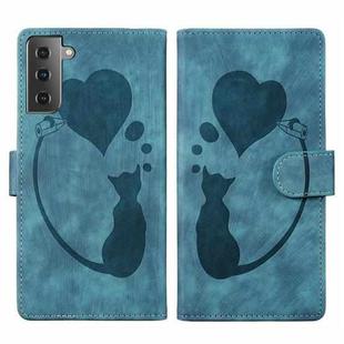For Samsung Galaxy S21 5G Pen Heart Cat Embossed Leather Phone Case(Blue)