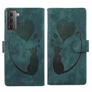 For Samsung Galaxy S21 FE 5G Pen Heart Cat Embossed Leather Phone Case(Green)