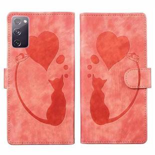 For Samsung Galaxy S20 FE 5G Pen Heart Cat Embossed Leather Phone Case(Orange)