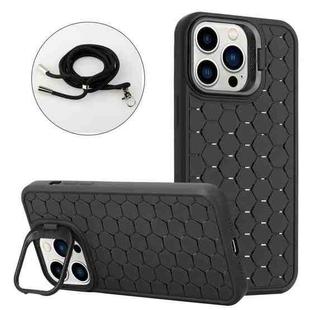 For iPhone 15 Pro Honeycomb Radiating Holder TPU Phone Case with Lanyard(Black)