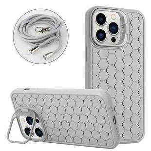 For iPhone 15 Pro Honeycomb Radiating Holder TPU Phone Case with Lanyard(Grey)