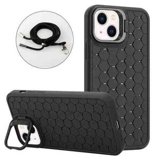 For iPhone 15 Plus Honeycomb Radiating Holder TPU Phone Case with Lanyard(Black)