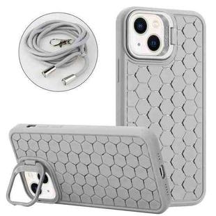 For iPhone 15 Plus Honeycomb Radiating Holder TPU Phone Case with Lanyard(Grey)