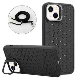 For iPhone 14 Plus Honeycomb Radiating Holder TPU Phone Case with Lanyard(Black)