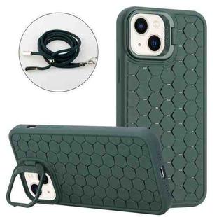 For iPhone 14 Honeycomb Radiating Holder TPU Phone Case with Lanyard(Green)