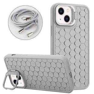 For iPhone 14 Honeycomb Radiating Holder TPU Phone Case with Lanyard(Grey)