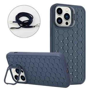 For iPhone 14 Pro Max Honeycomb Radiating Holder TPU Phone Case with Lanyard(Blue)