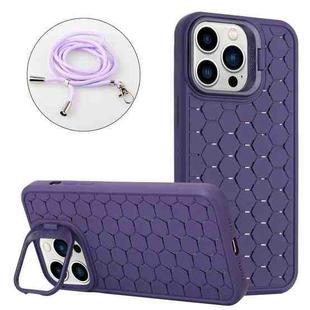 For iPhone 14 Pro Max Honeycomb Radiating Holder TPU Phone Case with Lanyard(Purple)