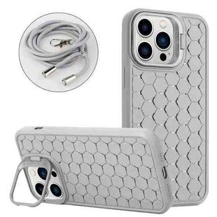 For iPhone 13 Pro Honeycomb Radiating Holder TPU Phone Case with Lanyard(Grey)