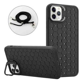For iPhone 11 Pro Max Honeycomb Radiating Holder TPU Phone Case with Lanyard(Black)