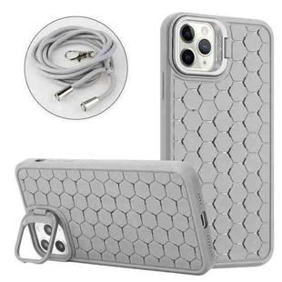 For iPhone 11 Pro Max Honeycomb Radiating Holder TPU Phone Case with Lanyard(Grey)