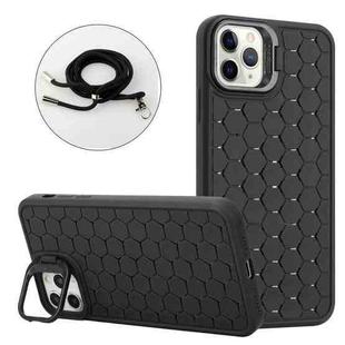 For iPhone 11 Pro Honeycomb Radiating Holder TPU Phone Case with Lanyard(Black)