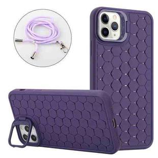 For iPhone 11 Pro Honeycomb Radiating Holder TPU Phone Case with Lanyard(Purple)