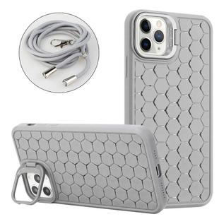 For iPhone 16 Pro Max Honeycomb Radiating Holder TPU Phone Case with Lanyard(Grey)