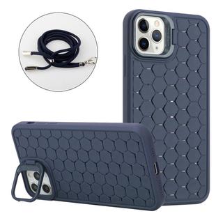 For iPhone 16 Pro Max Honeycomb Radiating Holder TPU Phone Case with Lanyard(Blue)