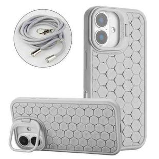 For iPhone 16 Plus Honeycomb Radiating Holder TPU Phone Case with Lanyard(Grey)