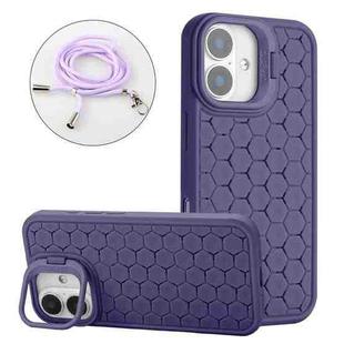 For iPhone 16 Plus Honeycomb Radiating Holder TPU Phone Case with Lanyard(Purple)