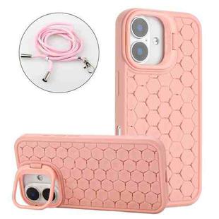 For iPhone 16 Honeycomb Radiating Holder TPU Phone Case with Lanyard(Pink)