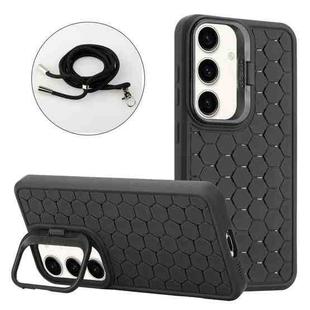 For Samsung Galaxy A55 5G Honeycomb Radiating Holder TPU Phone Case with Lanyard(Black)