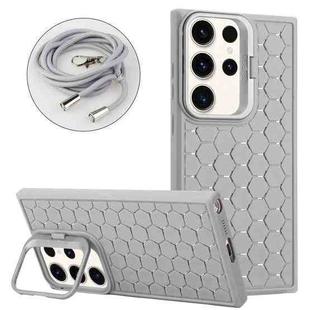 For Samsung Galaxy S24 Ultra 5G Honeycomb Radiating Holder TPU Phone Case with Lanyard(Grey)