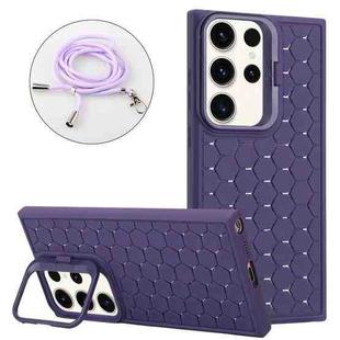 For Samsung Galaxy S24 Ultra 5G Honeycomb Radiating Holder TPU Phone Case with Lanyard(Purple)