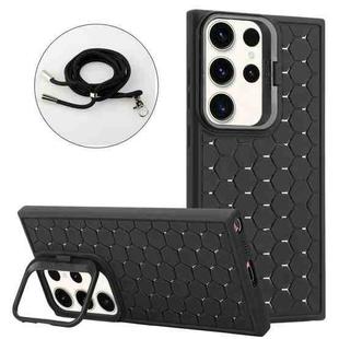 For Samsung Galaxy S23 Ultra 5G Honeycomb Radiating Holder TPU Phone Case with Lanyard(Black)