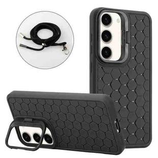 For Samsung Galaxy S23+ 5G Honeycomb Radiating Holder TPU Phone Case with Lanyard(Black)