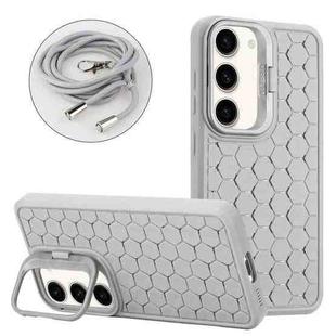 For Samsung Galaxy S23 5G Honeycomb Radiating Holder TPU Phone Case with Lanyard(Grey)