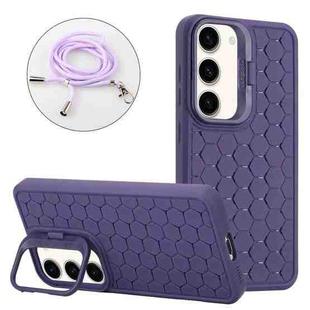 For Samsung Galaxy S23 5G Honeycomb Radiating Holder TPU Phone Case with Lanyard(Purple)