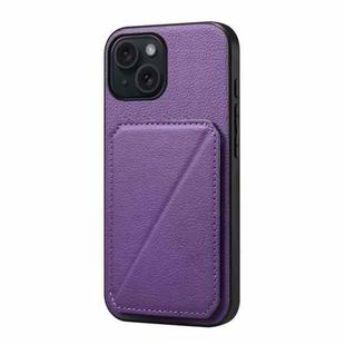 For iPhone 15 D04 Calf Texture Dual Card Slot Holder Phone Case(Purple)