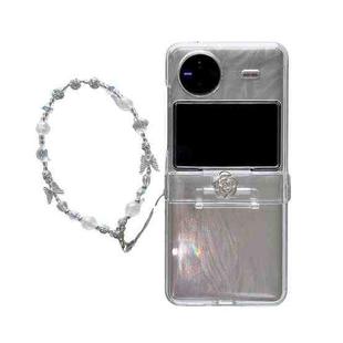 For vivo X Flip Skin Feel PC Feather Gauze Glitter Paper Camellia Phone Case with Bracelet(Transparent)