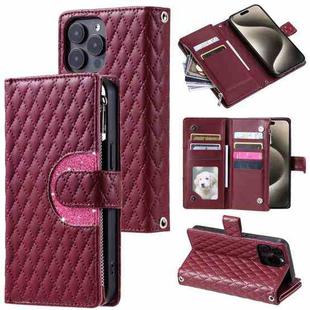 For iPhone 15 Pro Max Glitter Lattice Zipper Wallet Leather Phone Case(Wine Red)