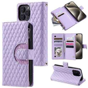 For iPhone 15 Pro Glitter Lattice Zipper Wallet Leather Phone Case(Purple)