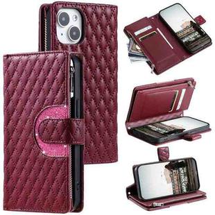 For iPhone 15 Plus Glitter Lattice Zipper Wallet Leather Phone Case(Wine Red)