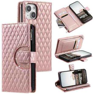 For iPhone 15 Plus Glitter Lattice Zipper Wallet Leather Phone Case(Rose Gold)