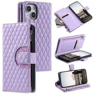 For iPhone 15 Glitter Lattice Zipper Wallet Leather Phone Case(Purple)