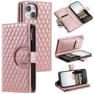 For iPhone 15 Glitter Lattice Zipper Wallet Leather Phone Case(Rose Gold)