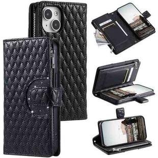 For iPhone 14 Plus Glitter Lattice Zipper Wallet Leather Phone Case(Black)