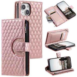 For iPhone 14 Glitter Lattice Zipper Wallet Leather Phone Case(Rose Gold)