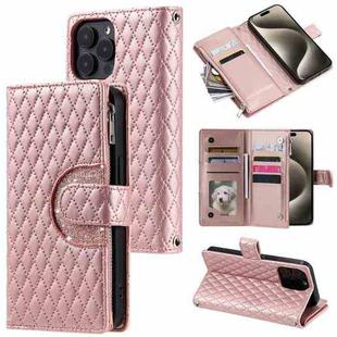 For iPhone 14 Pro Glitter Lattice Zipper Wallet Leather Phone Case(Rose Gold)