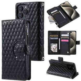 For iPhone 14 Pro Max Glitter Lattice Zipper Wallet Leather Phone Case(Black)