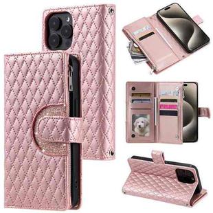 For iPhone 14 Pro Max Glitter Lattice Zipper Wallet Leather Phone Case(Rose Gold)